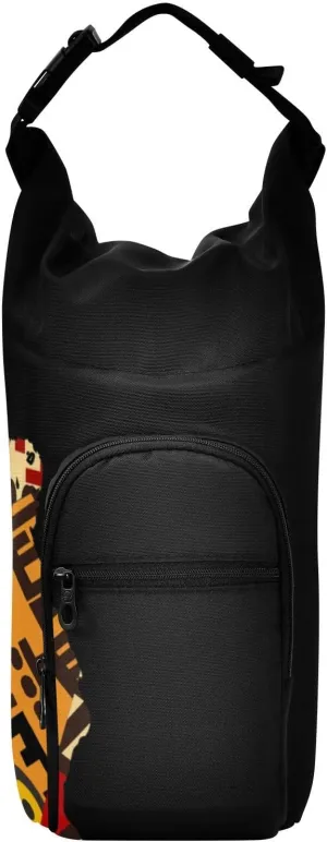 Water Bottle Sling Sleeve Bag, Bottle Carrier Holder Case Cover with Removable Strap Travel Cup Mug Storage with Pockets Africa Map on Tribal Ethnic Patchwork Background