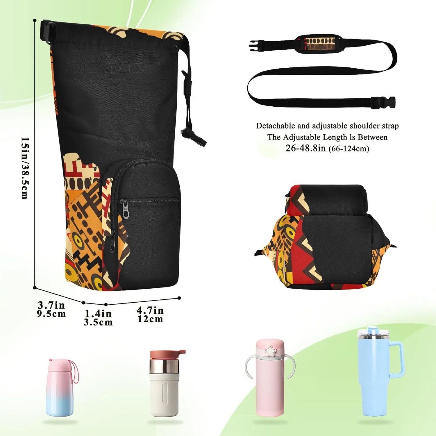 Water Bottle Sling Sleeve Bag, Bottle Carrier Holder Case Cover with Removable Strap Travel Cup Mug Storage with Pockets Africa Map on Tribal Ethnic Patchwork Background