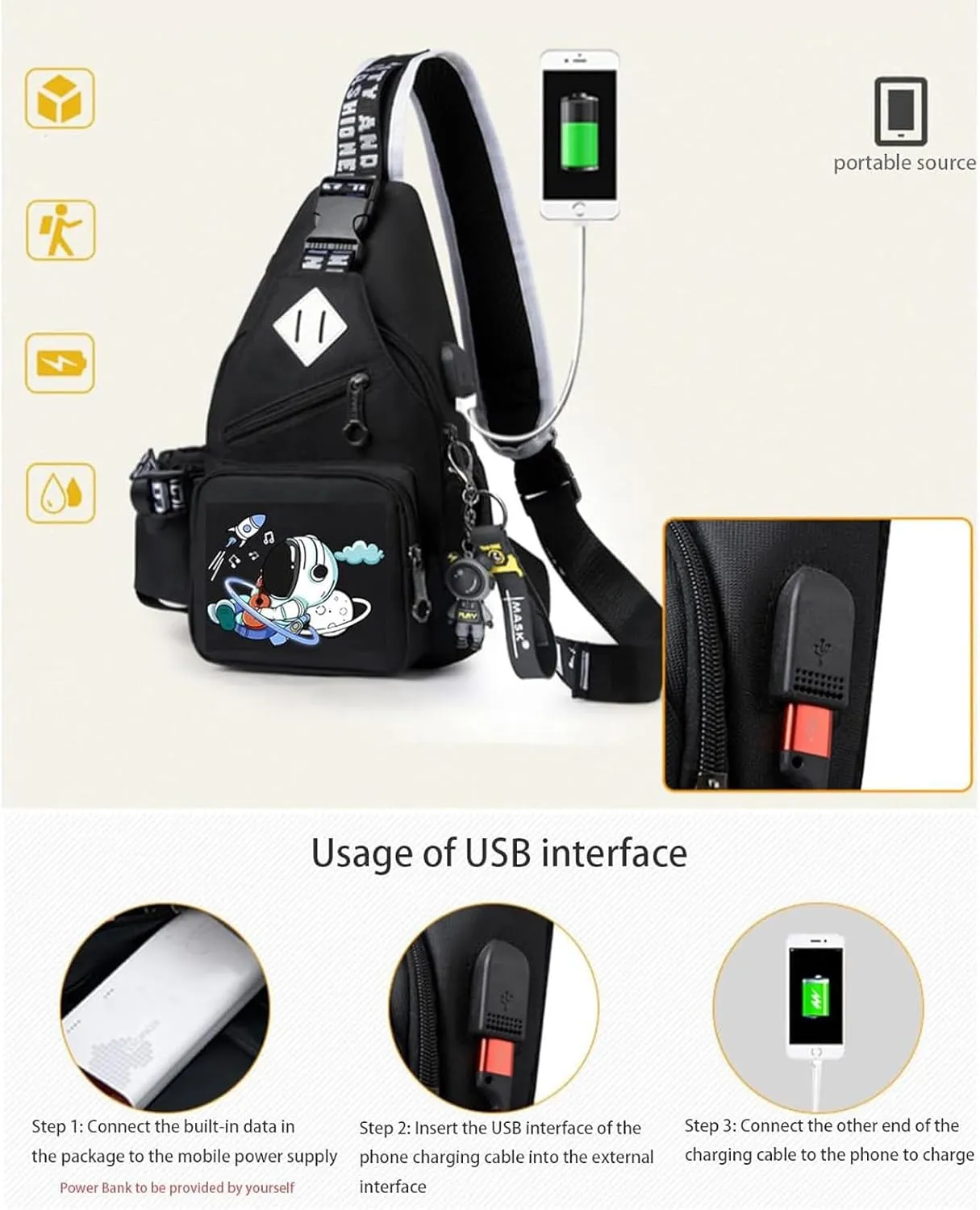 Water-Resistant Crossbody Sling Bag for Men Astronaut Casual Chest Shoulder Daypack Hiking Travel Backpack for 12.9 Inch Ipad (Black2)