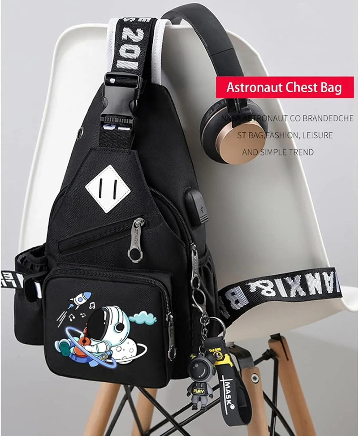 Water-Resistant Crossbody Sling Bag for Men Astronaut Casual Chest Shoulder Daypack Hiking Travel Backpack for 12.9 Inch Ipad (Black2)