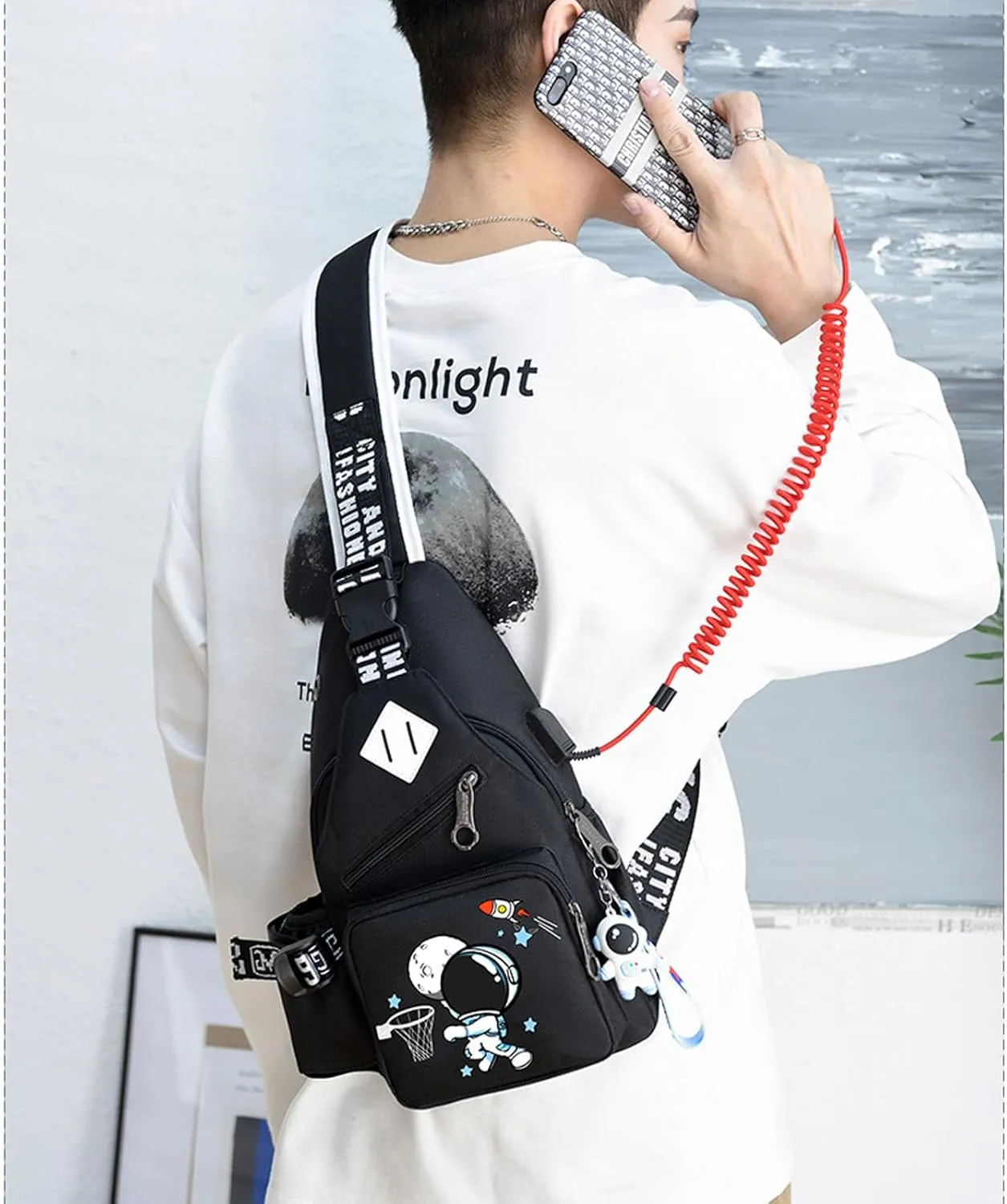 Water-Resistant Crossbody Sling Bag for Men Astronaut Casual Chest Shoulder Daypack Hiking Travel Backpack for 12.9 Inch Ipad (Black2)