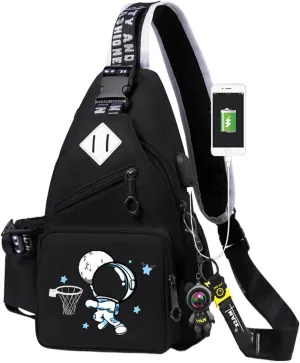Water-Resistant Crossbody Sling Bag for Men Astronaut Casual Chest Shoulder Daypack Hiking Travel Backpack for 12.9 Inch Ipad (Black2)