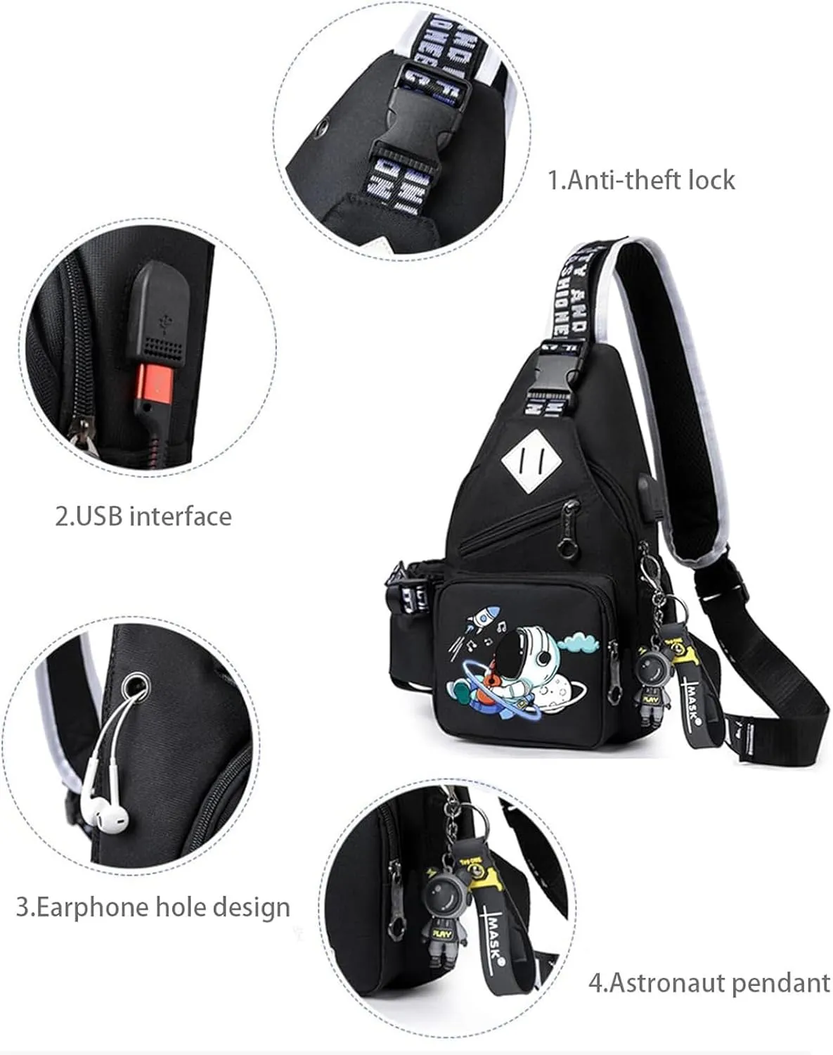 Water-Resistant Crossbody Sling Bag for Men Astronaut Casual Chest Shoulder Daypack Hiking Travel Backpack for 12.9 Inch Ipad (Black2)