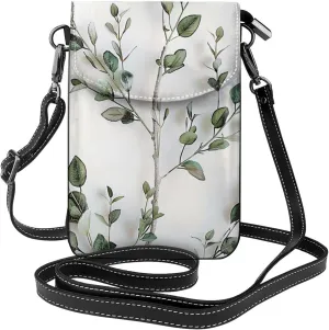 White Natural Greenery Twig Printed Crossbody Cell Phone Bag for Women Men, Small Leather Cell Phone Purse Wallet with Adjustable Strap