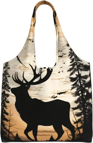 (Wild Elk Black Silhouette) Large Tote Shoulder Bag Fashion Canvas Handbag Reusable Shopping Bag Travel Bag For Women