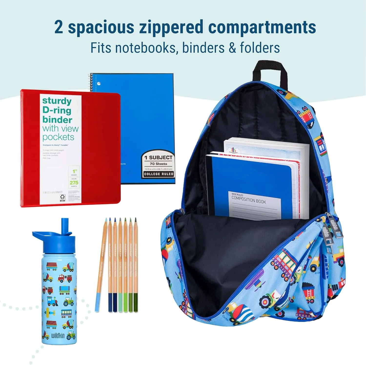 Wildkin 15-inch Kids Backpack – Durable, Padded, Adjustable for School & Travel - Trains, Planes, and Trucks