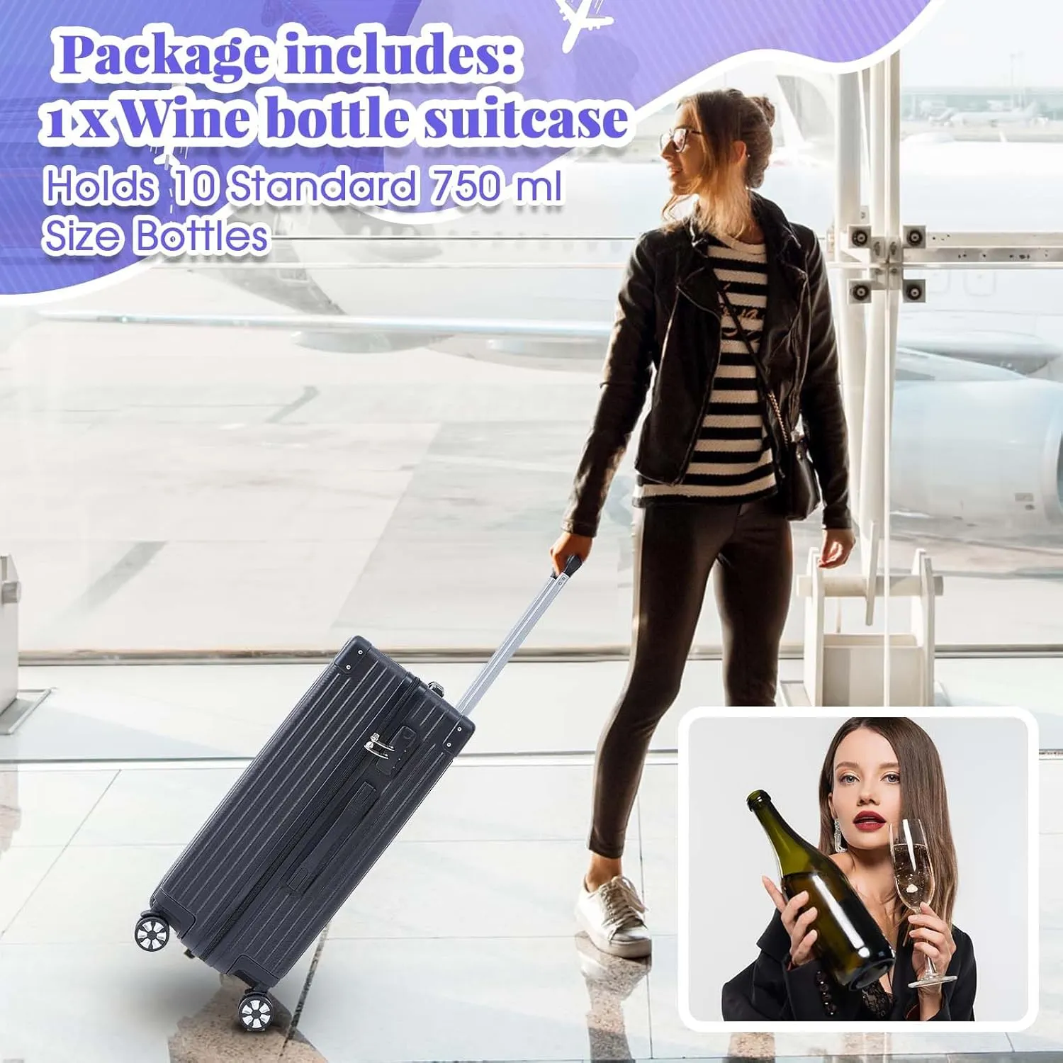 Wine Suitcase for Airplane Wine Carrier Luggage Hold 10 Standard 750ml Size Bottle Universal Wheeled Travel Case with Removable Foam Insert for Professional Gift(Classic,24")