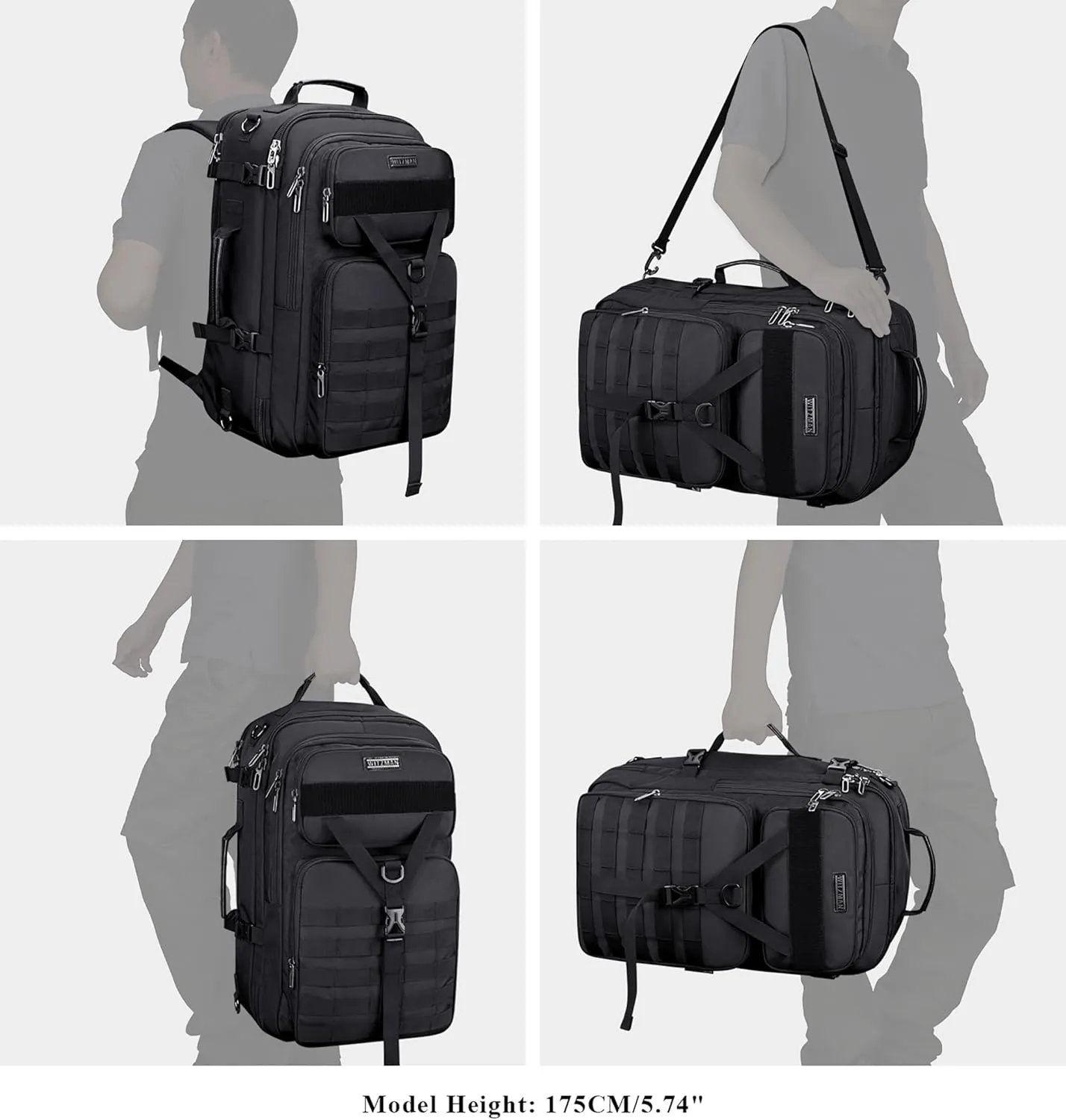 WITZMAN Carry On Travel Backpack for Men Large Convertible 45L Duffle Bag fit 17 Inch Laptop Airline Approved (B688 Black