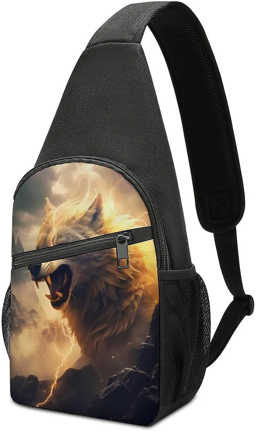 Wolf in Mountains with Thunder Surrounding Crossbody Sling Bags Chest Shoulder Backpack DayPack Handbag