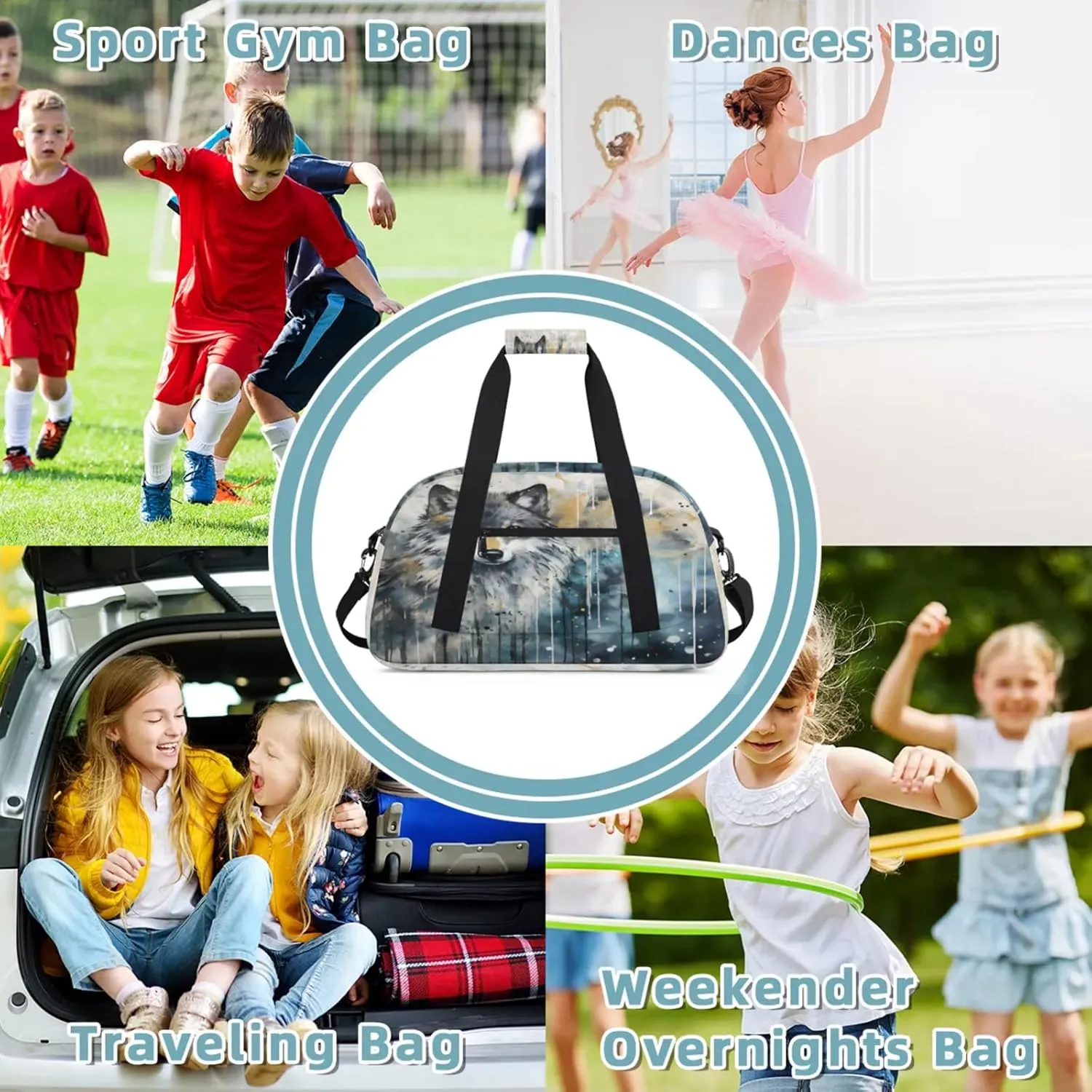 Wolf Wildlife Small Gym Bag 18 inch Carry On Duffel Bag for Weekender Travel Sports Workout Yoga Gymnastics Dance Ballet