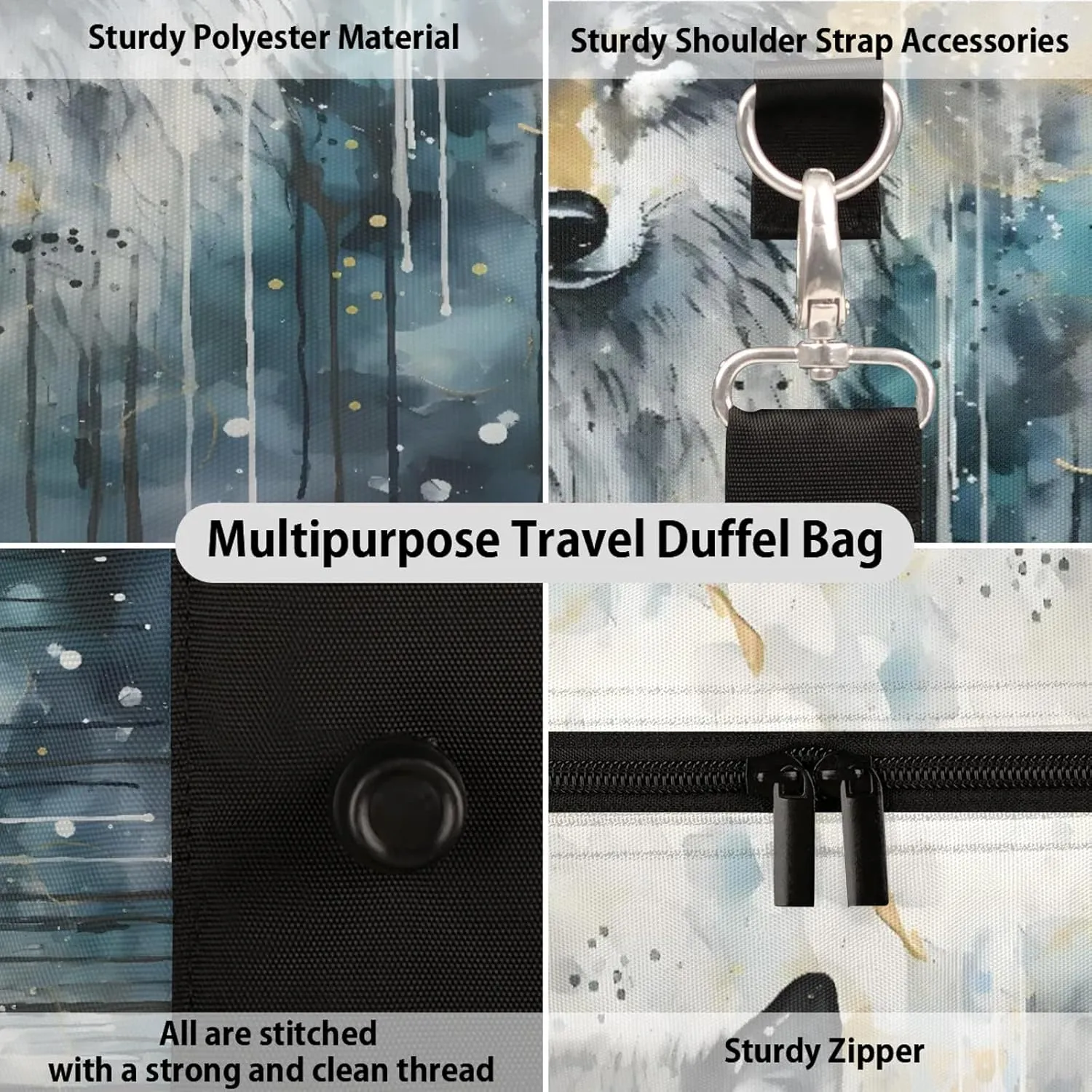 Wolf Wildlife Travel Duffle Bag, Sports Gym Bags for Women Men, Carry On Weekender Overnight Workout Airplane Trips Bag