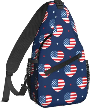 Women USA Flag American Hearts Pattern Crossbody Sling Backpack for Men Chest Bag Shoulder Bag Lightweight One Strap Backpack Travel Outdoor Daypack