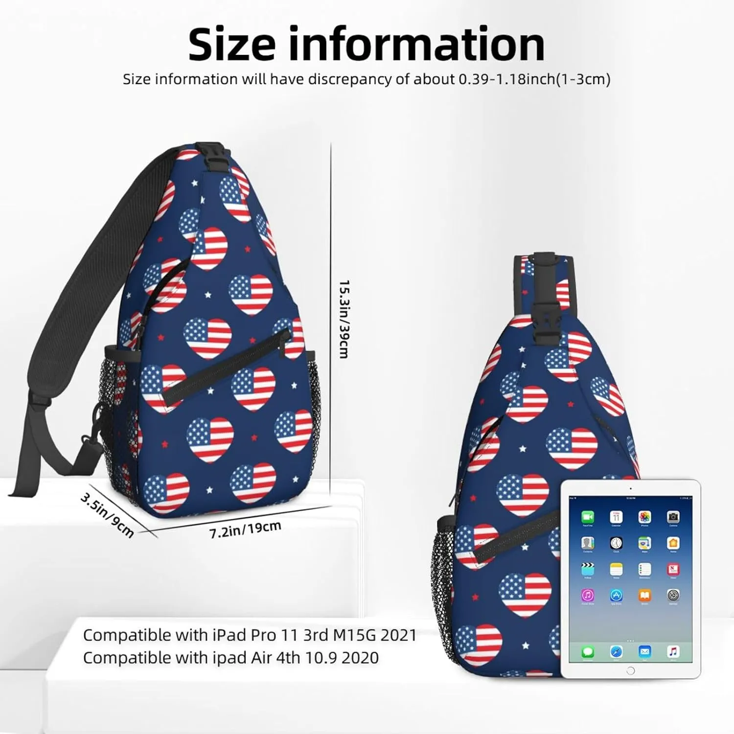 Women USA Flag American Hearts Pattern Crossbody Sling Backpack for Men Chest Bag Shoulder Bag Lightweight One Strap Backpack Travel Outdoor Daypack