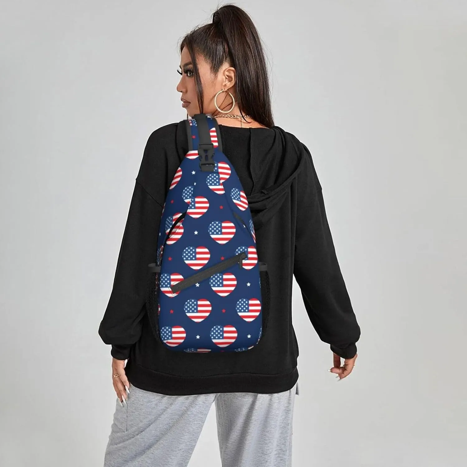 Women USA Flag American Hearts Pattern Crossbody Sling Backpack for Men Chest Bag Shoulder Bag Lightweight One Strap Backpack Travel Outdoor Daypack