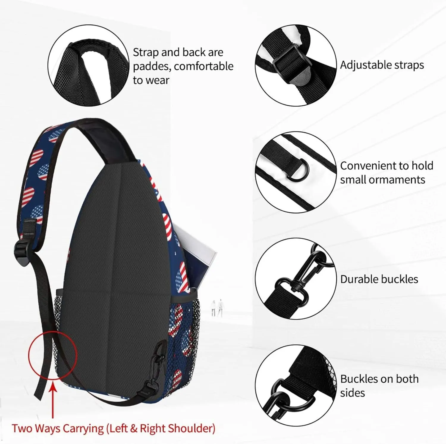 Women USA Flag American Hearts Pattern Crossbody Sling Backpack for Men Chest Bag Shoulder Bag Lightweight One Strap Backpack Travel Outdoor Daypack