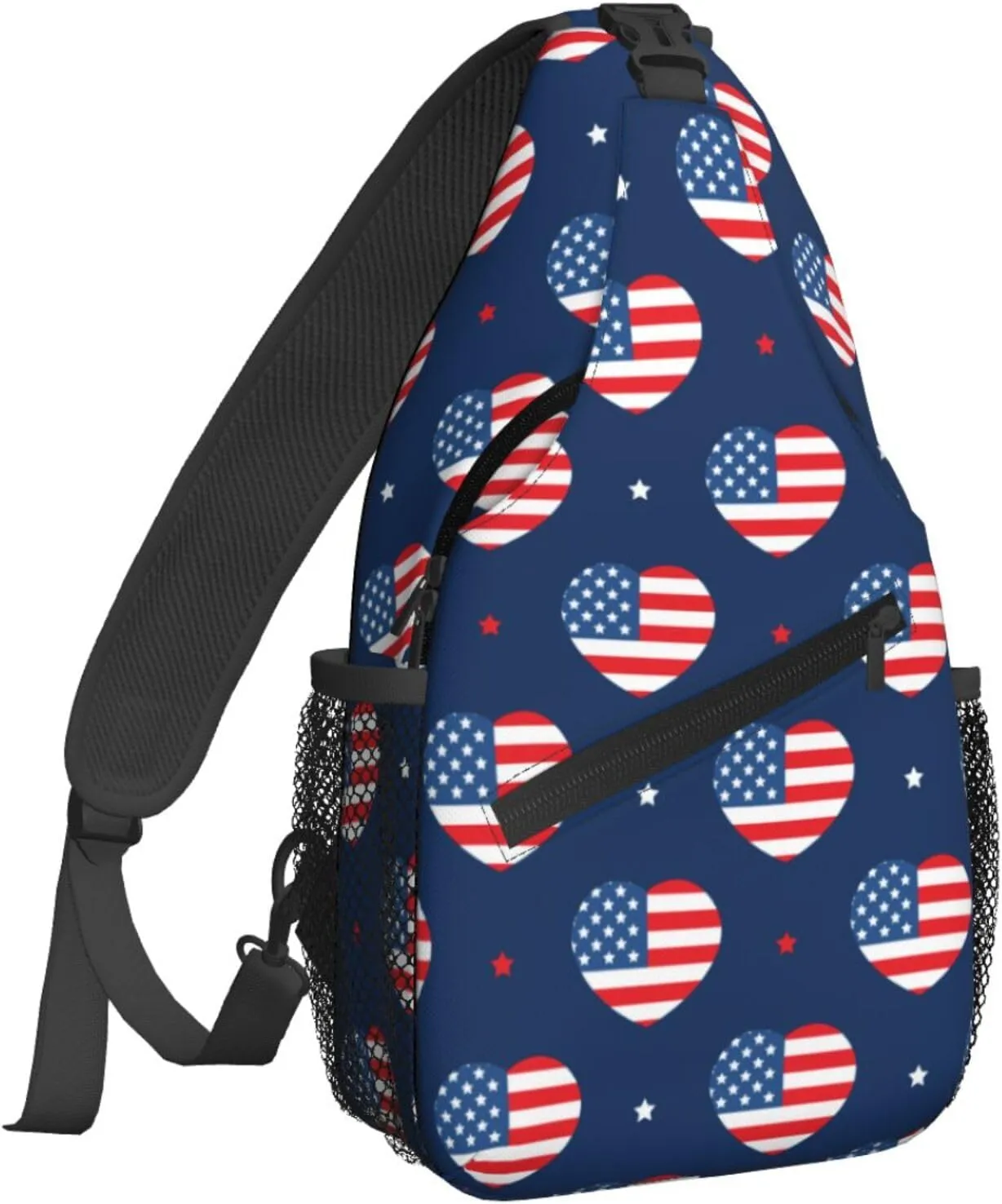 Women USA Flag American Hearts Pattern Crossbody Sling Backpack for Men Chest Bag Shoulder Bag Lightweight One Strap Backpack Travel Outdoor Daypack