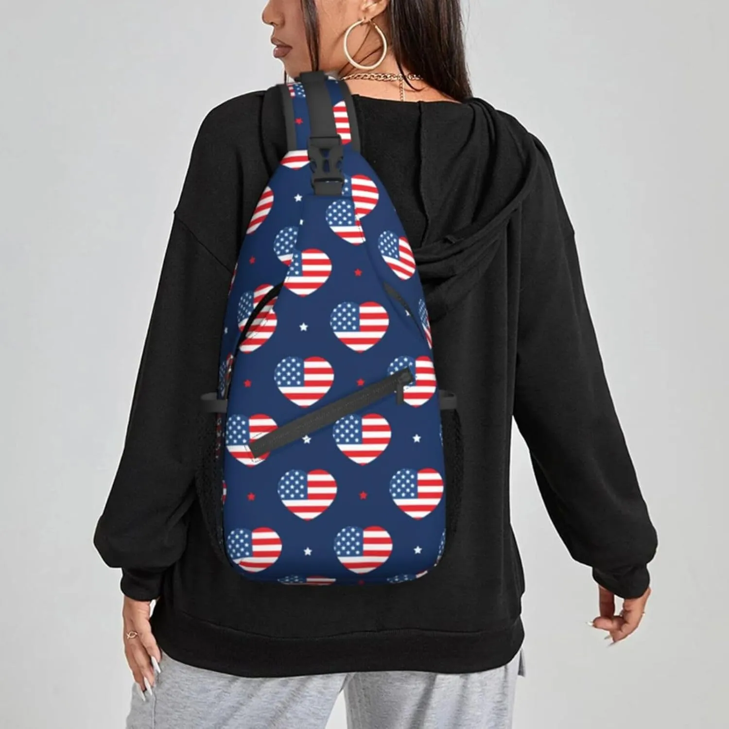 Women USA Flag American Hearts Pattern Crossbody Sling Backpack for Men Chest Bag Shoulder Bag Lightweight One Strap Backpack Travel Outdoor Daypack