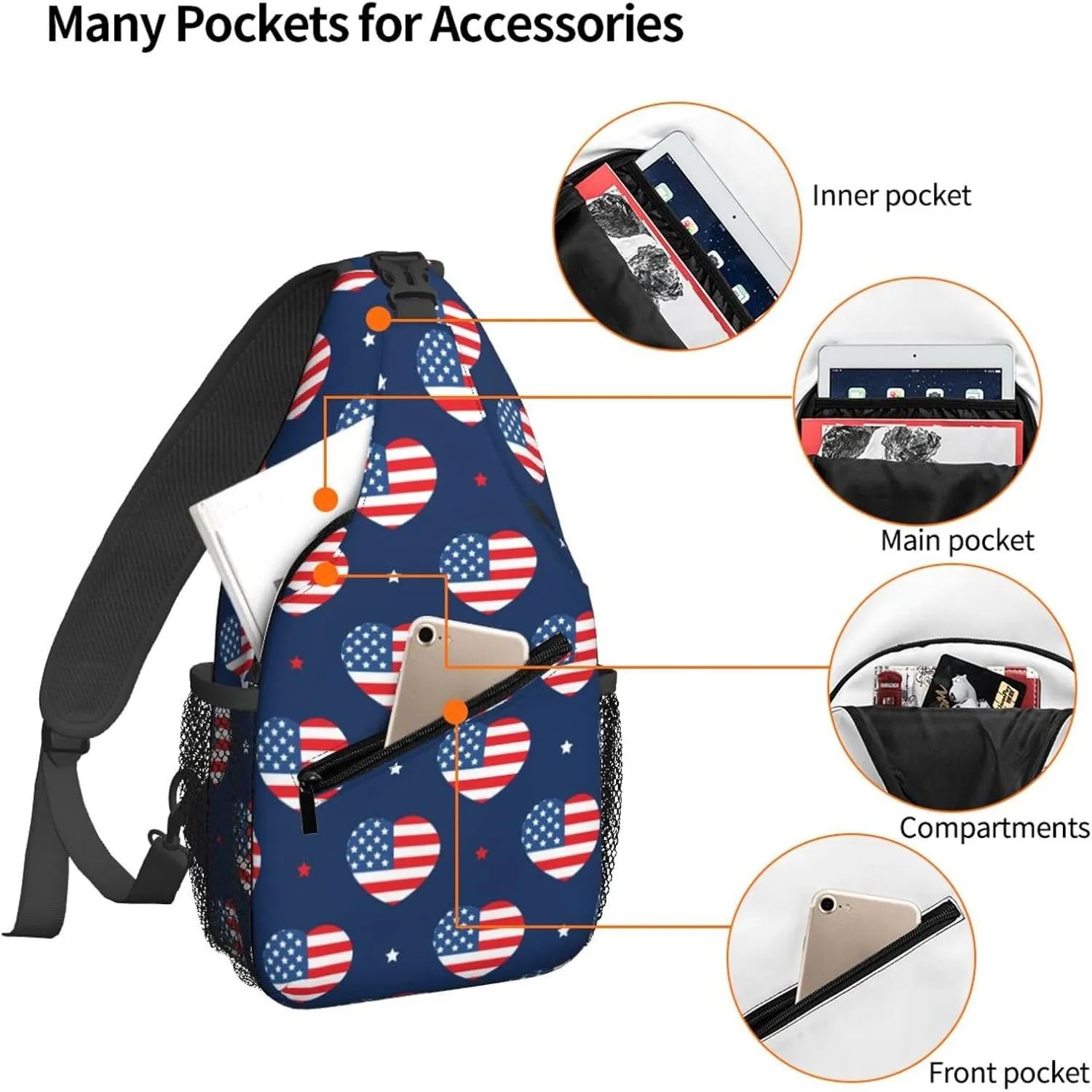 Women USA Flag American Hearts Pattern Crossbody Sling Backpack for Men Chest Bag Shoulder Bag Lightweight One Strap Backpack Travel Outdoor Daypack