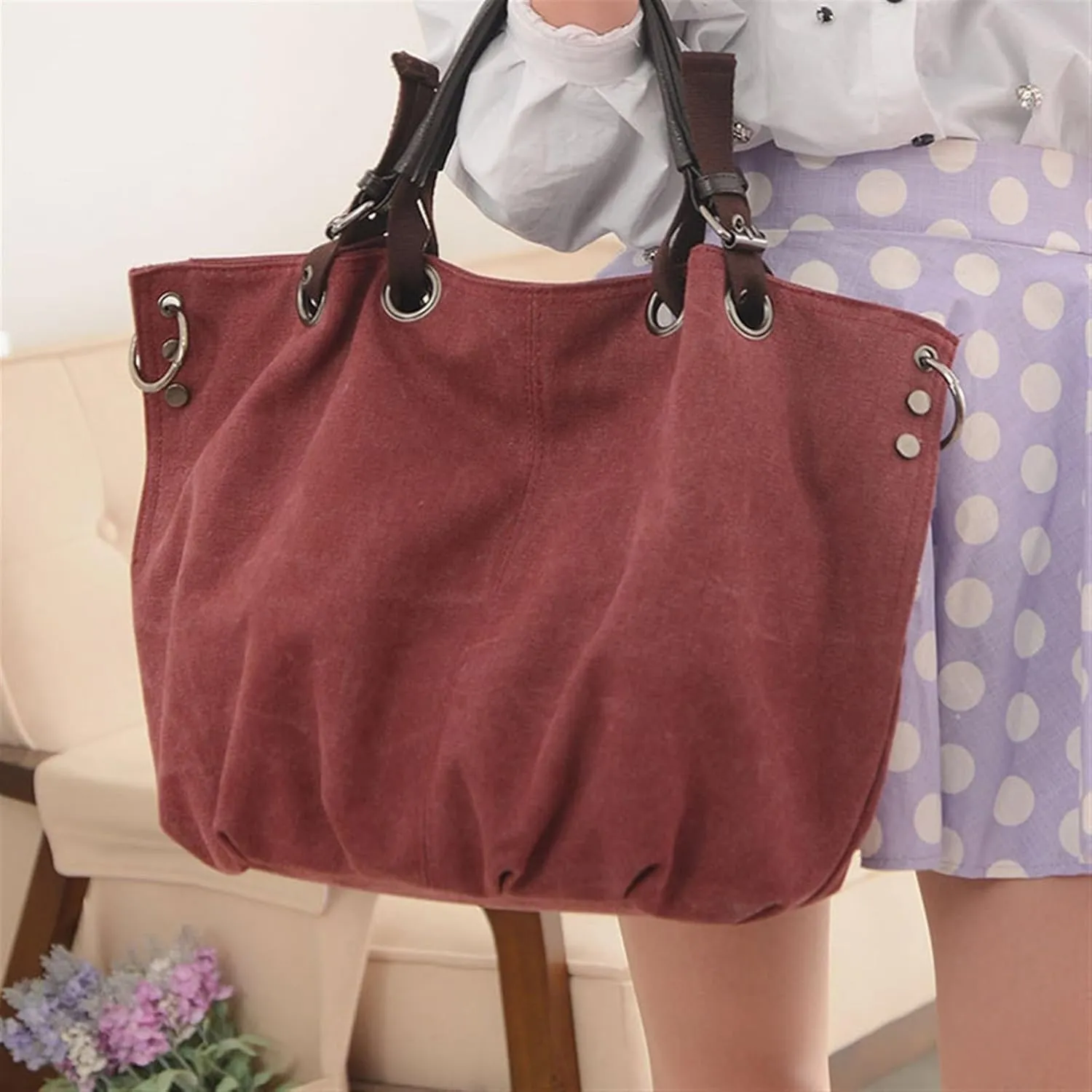 Women's Canvas Bag Large Capacity Handbag Shoulder Messenger Bag(A)
