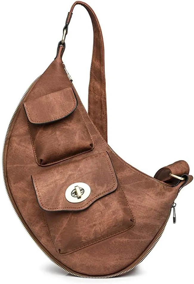 Women’s Crescent Shaped Crossbody Bag, PU Leather Casual Fashion Dumpling Hobo Shoulder Purse, Novelty Punk Sling Chest Bag