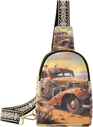Womens Crossbody Bag Abandoned Truck Print PU Leather Sling Bag with Adjustable Strap Zipper Closure Water Resistant