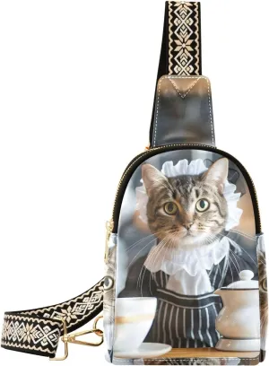 Womens Crossbody Bag Cat Servant Print PU Leather Sling Bag with Adjustable Strap Zipper Closure Water Resistant
