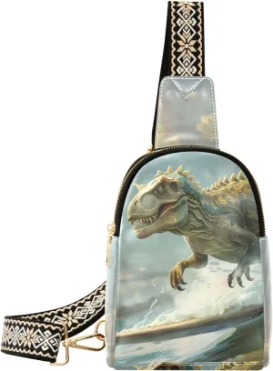 Womens Crossbody Bag Dinosaur Surfing Print PU Leather Sling Bag with Adjustable Strap Zipper Closure Water Resistant