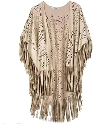 Women’s Faux Suede Fringed Open Front Kimono Style Shawl Wrap One Size