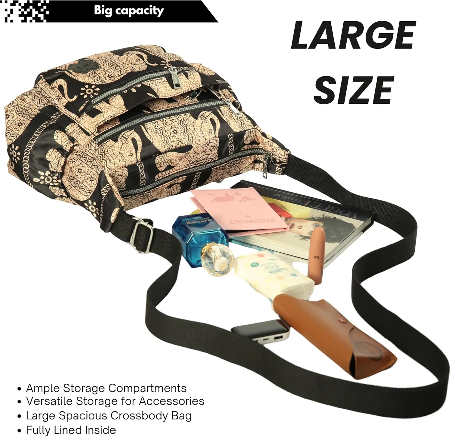 Women's Lightweight Cross Body Handbag - Large Size Multipocket Light Waterproof Fabric Messenger Bag - Kiana