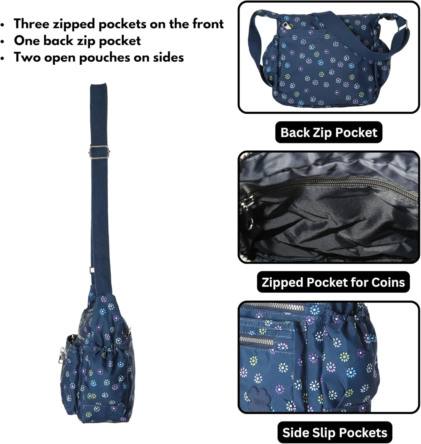 Womens Lightweight Cross Body Handbag - Medium Size Multipocket Rainproof Fabric Messenger Cross-Body Bag - Poppy