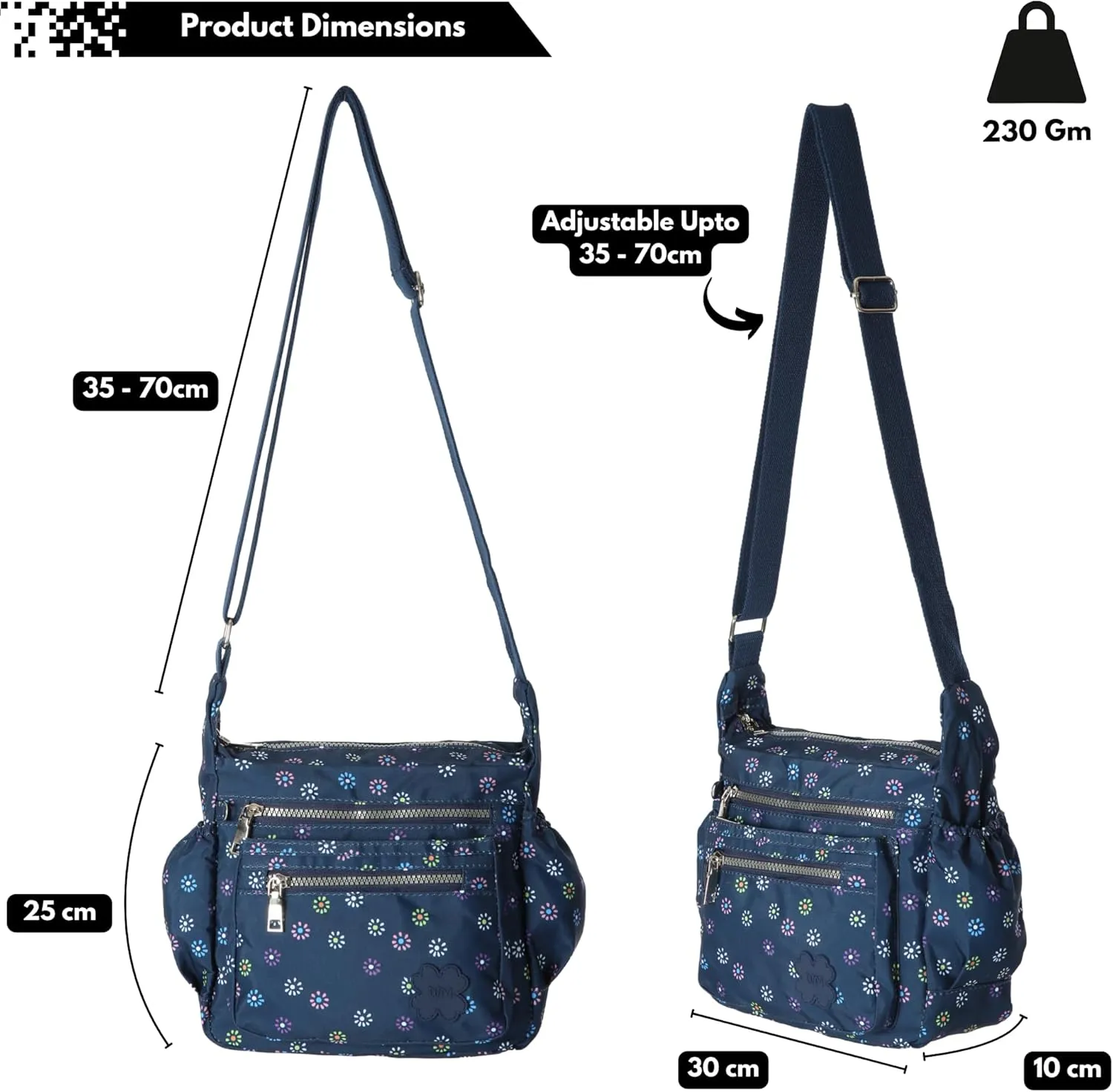 Womens Lightweight Cross Body Handbag - Medium Size Multipocket Rainproof Fabric Messenger Cross-Body Bag - Poppy