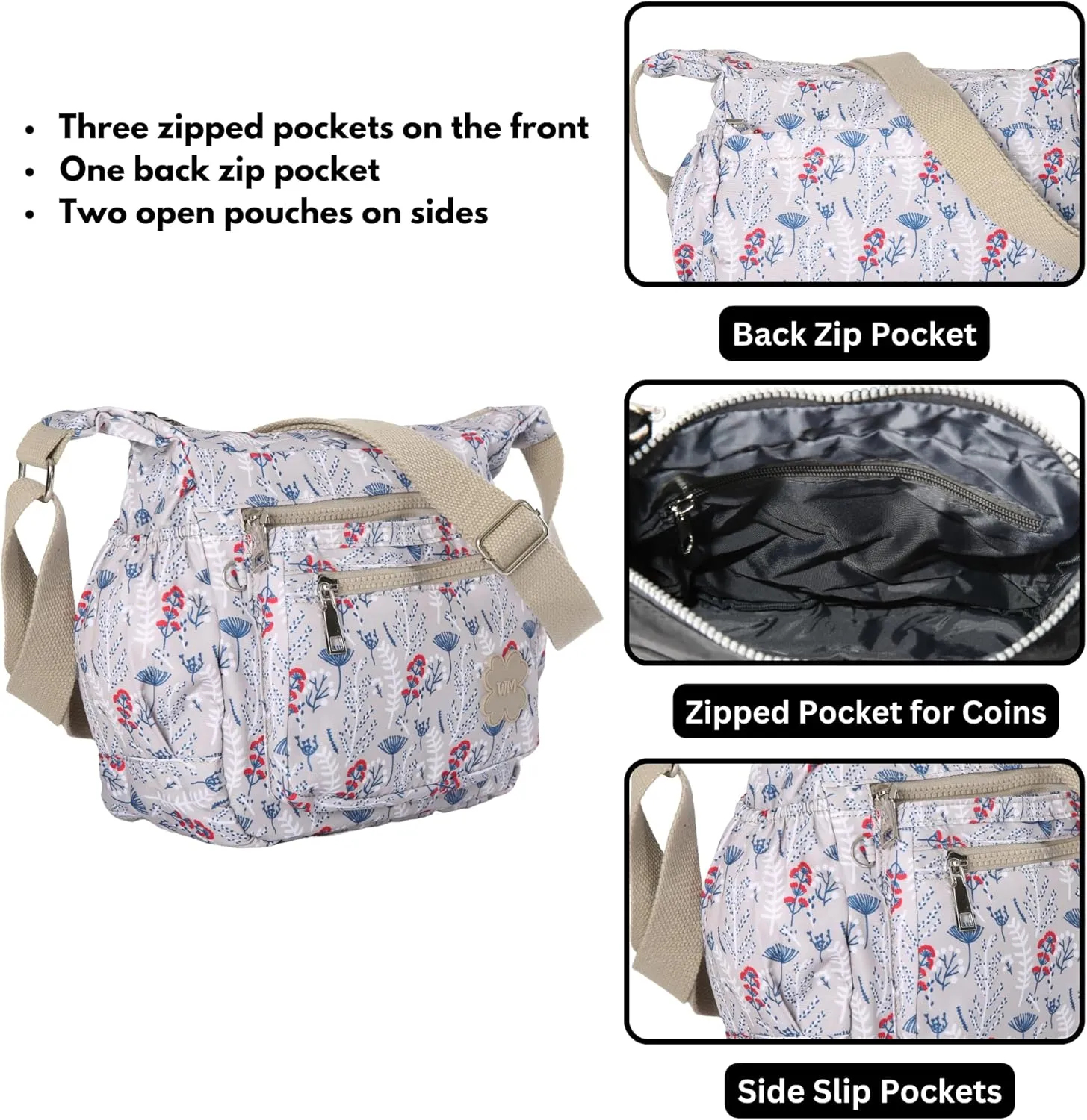 Womens Lightweight Cross Body Handbag - Medium Size Multipocket Rainproof Fabric Messenger Cross-Body Bag - Poppy