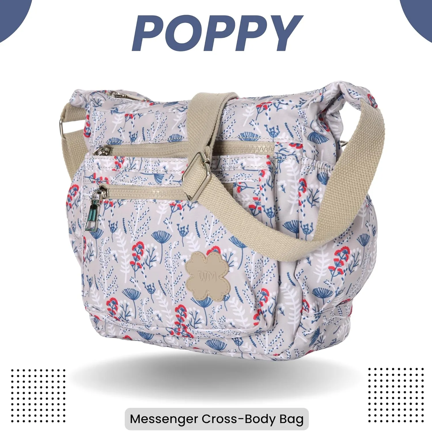 Womens Lightweight Cross Body Handbag - Medium Size Multipocket Rainproof Fabric Messenger Cross-Body Bag - Poppy
