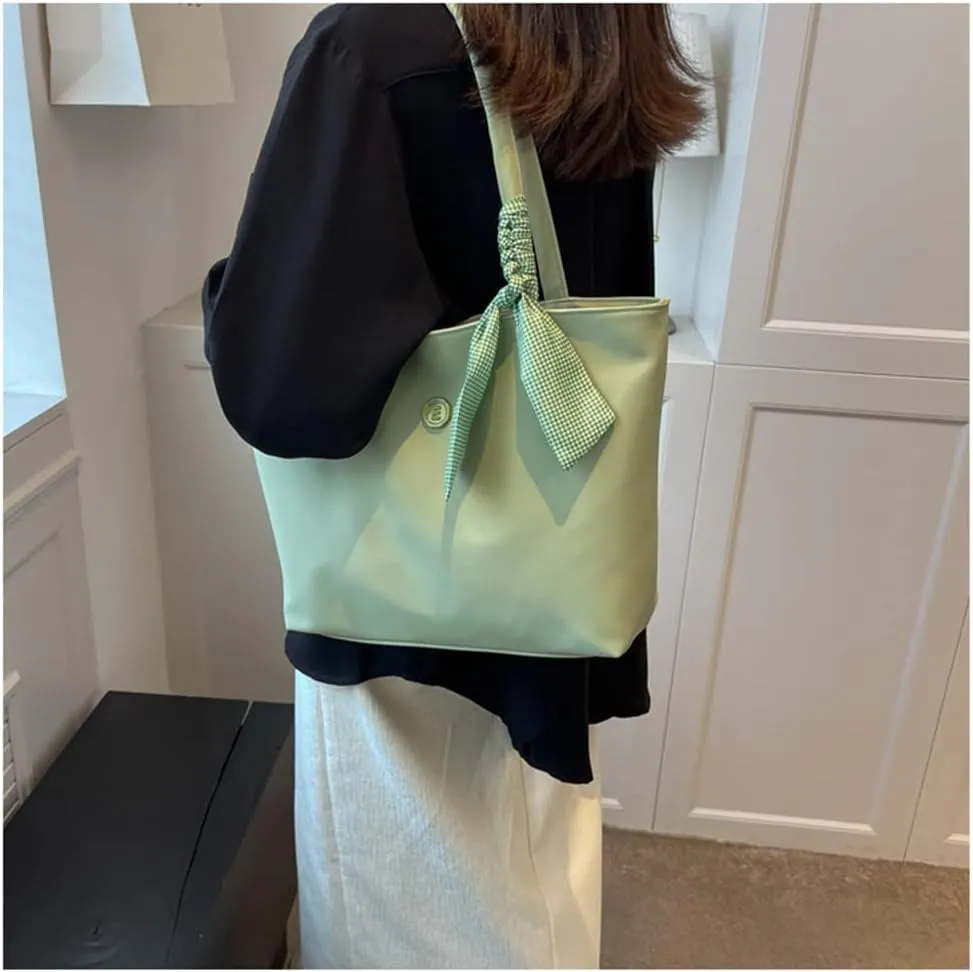 Women’s Lightweight Nylon Tote Bag with Zipper - Casual Handbag for Commuters - Double Handle Shoulder Purse (Green)