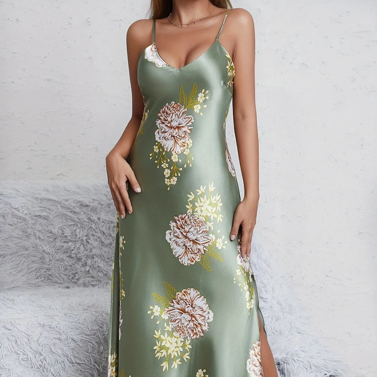 Women's printed summer sleeveless long satin silk dress