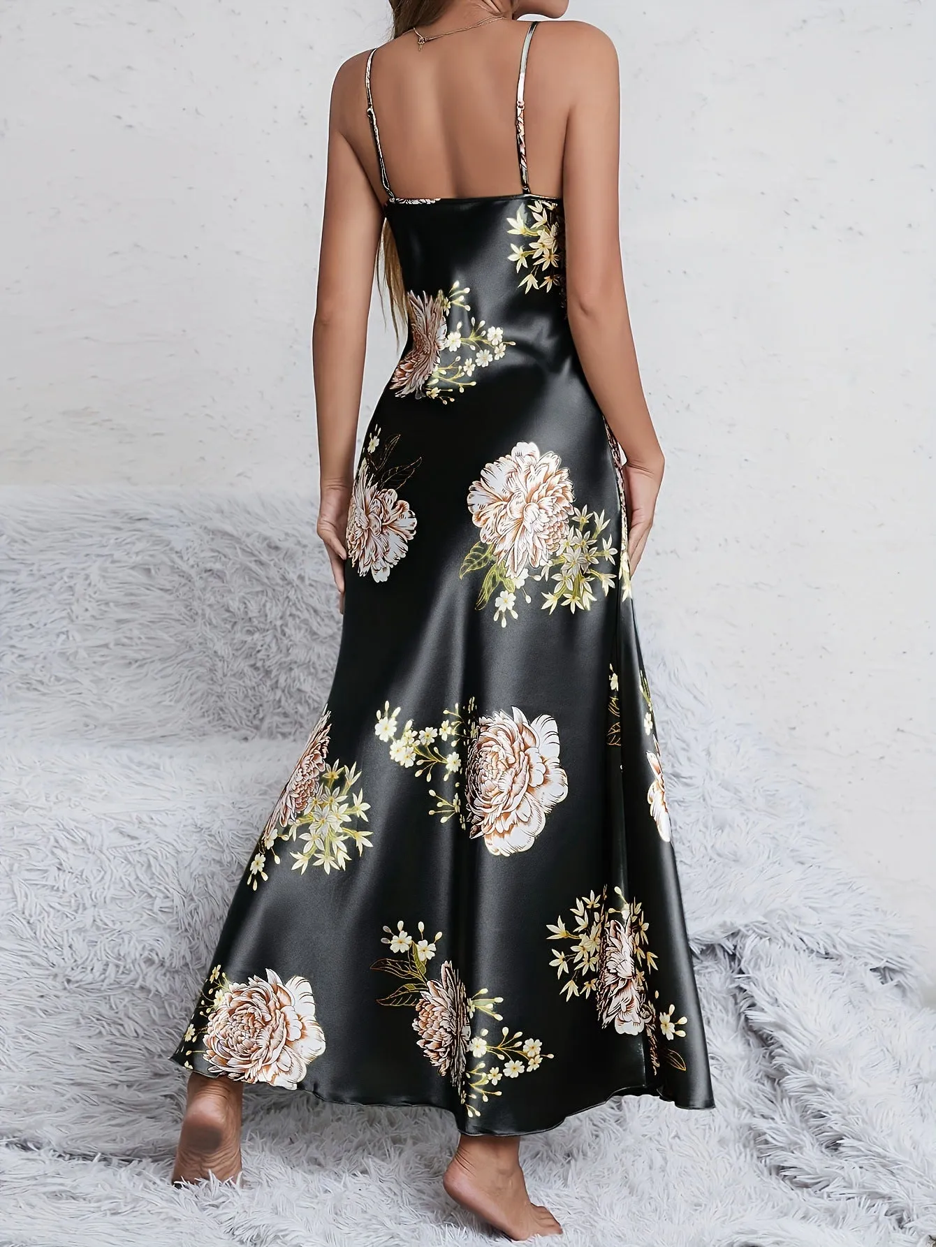 Women's printed summer sleeveless long satin silk dress