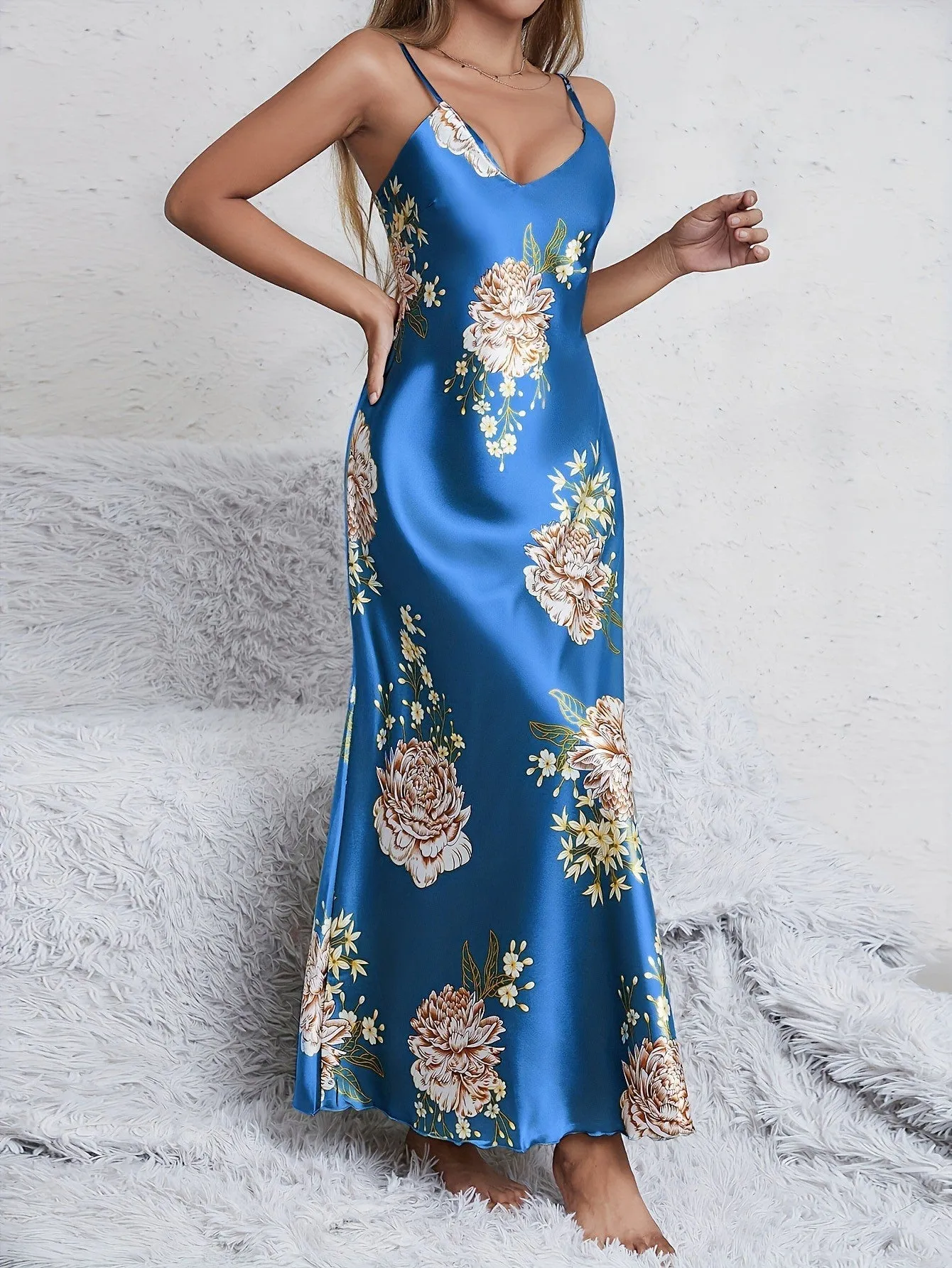 Women's printed summer sleeveless long satin silk dress