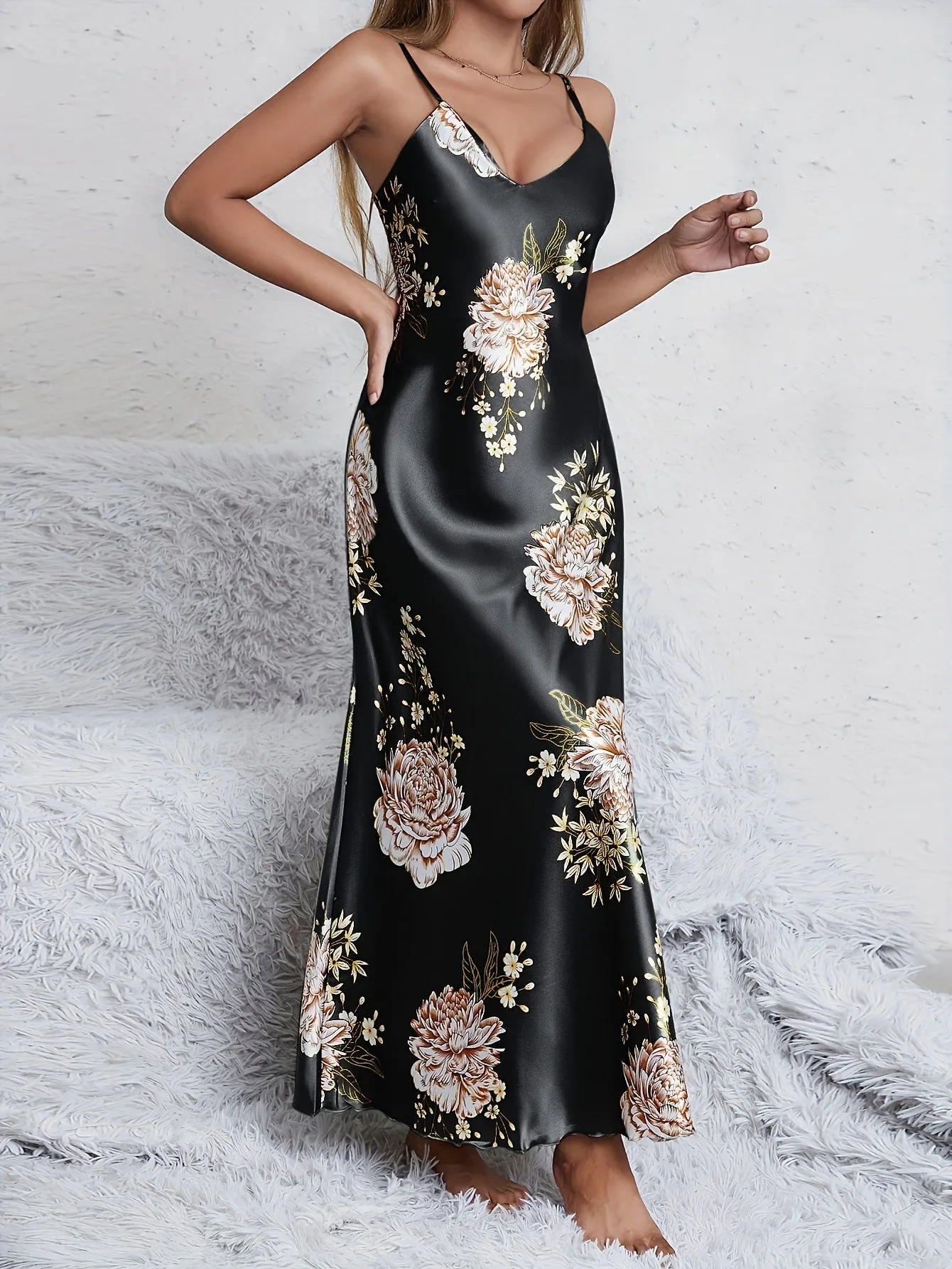 Women's printed summer sleeveless long satin silk dress