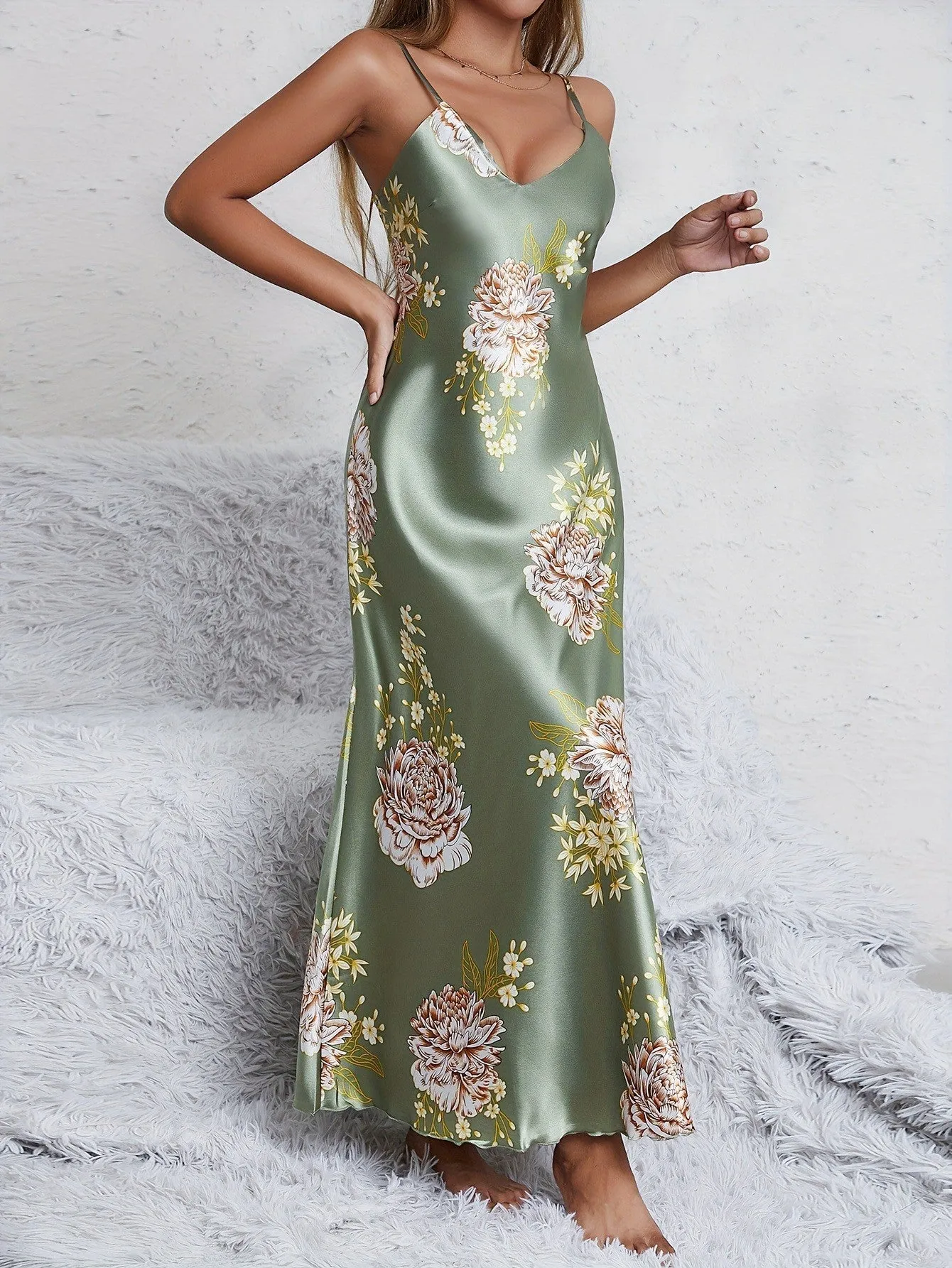 Women's printed summer sleeveless long satin silk dress