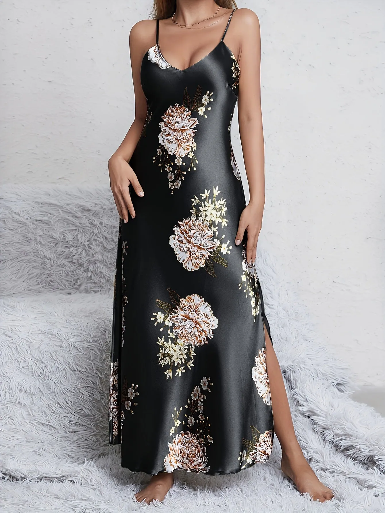 Women's printed summer sleeveless long satin silk dress