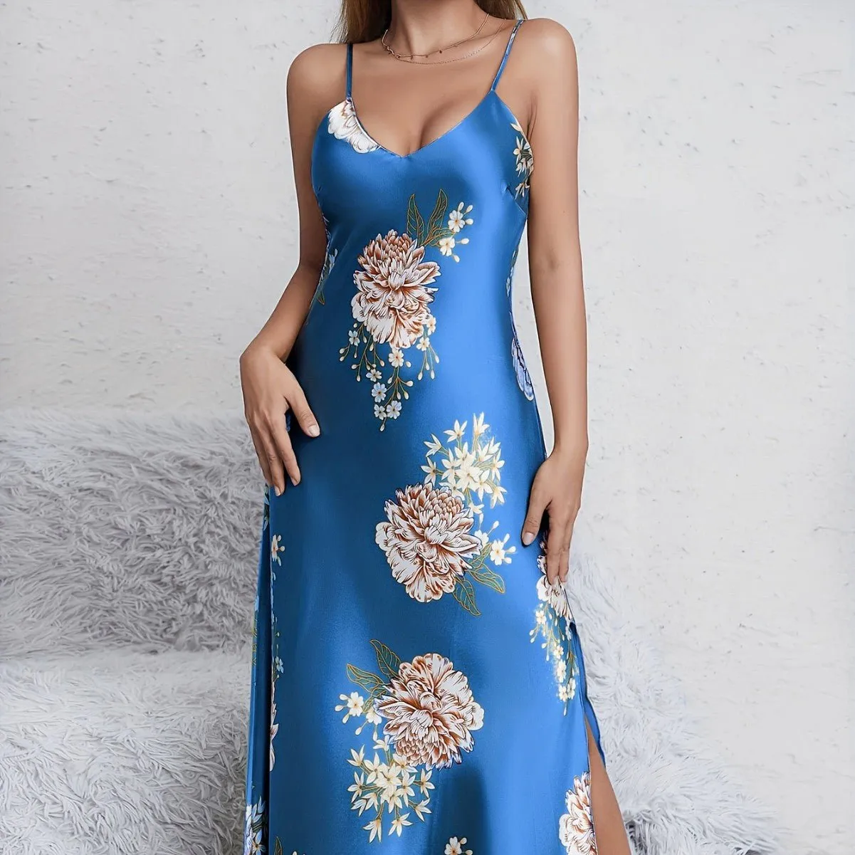 Women's printed summer sleeveless long satin silk dress