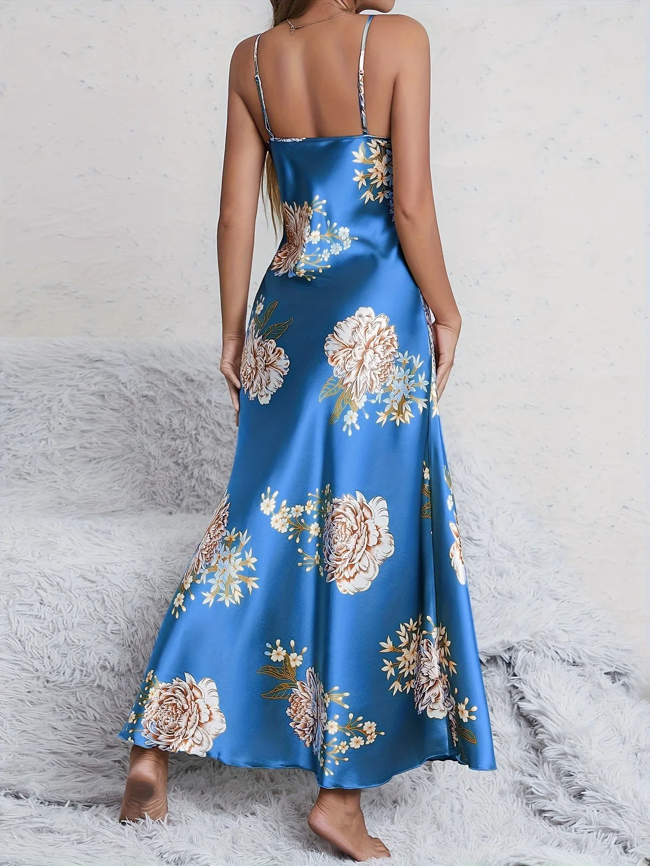 Women's printed summer sleeveless long satin silk dress