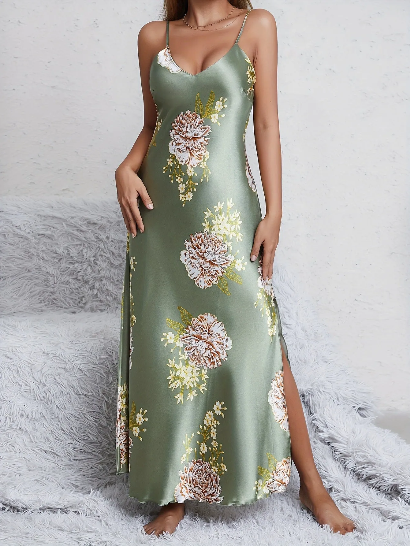 Women's printed summer sleeveless long satin silk dress