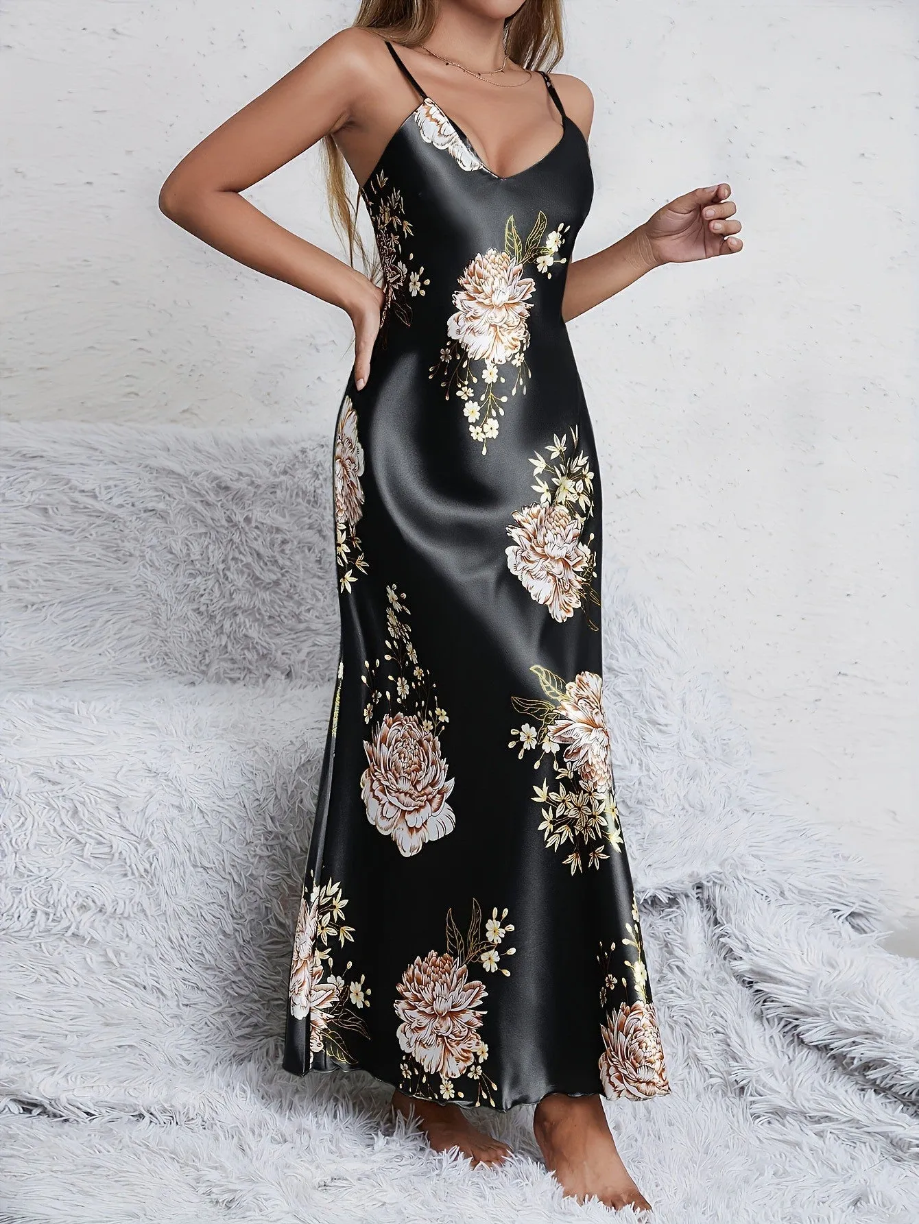 Women's printed summer sleeveless long satin silk dress
