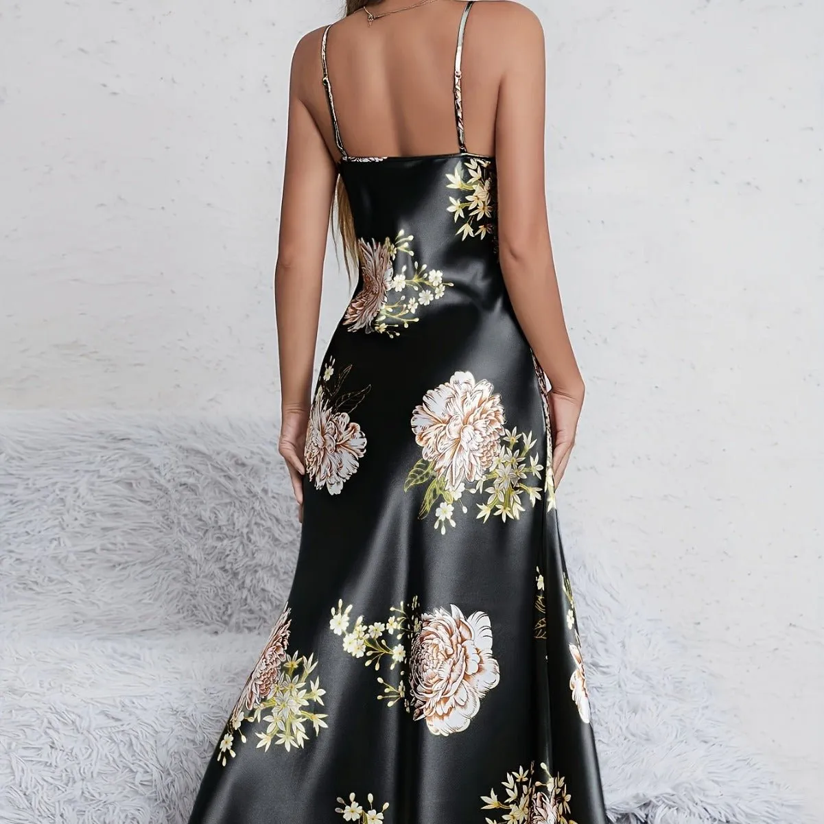 Women's printed summer sleeveless long satin silk dress