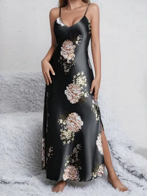 Women's printed summer sleeveless long satin silk dress