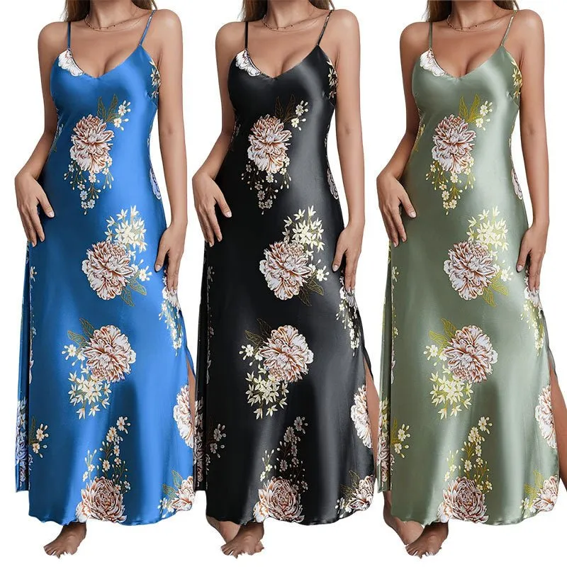 Women's printed summer sleeveless long satin silk dress
