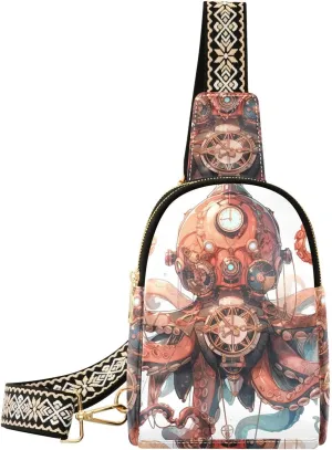 Women’s Sling Bag Steam Punk Octopus Print with Adjustable Strap Zipper Closure, PU Leather Water Resistant Crossbody Bag Purse Chest Bag