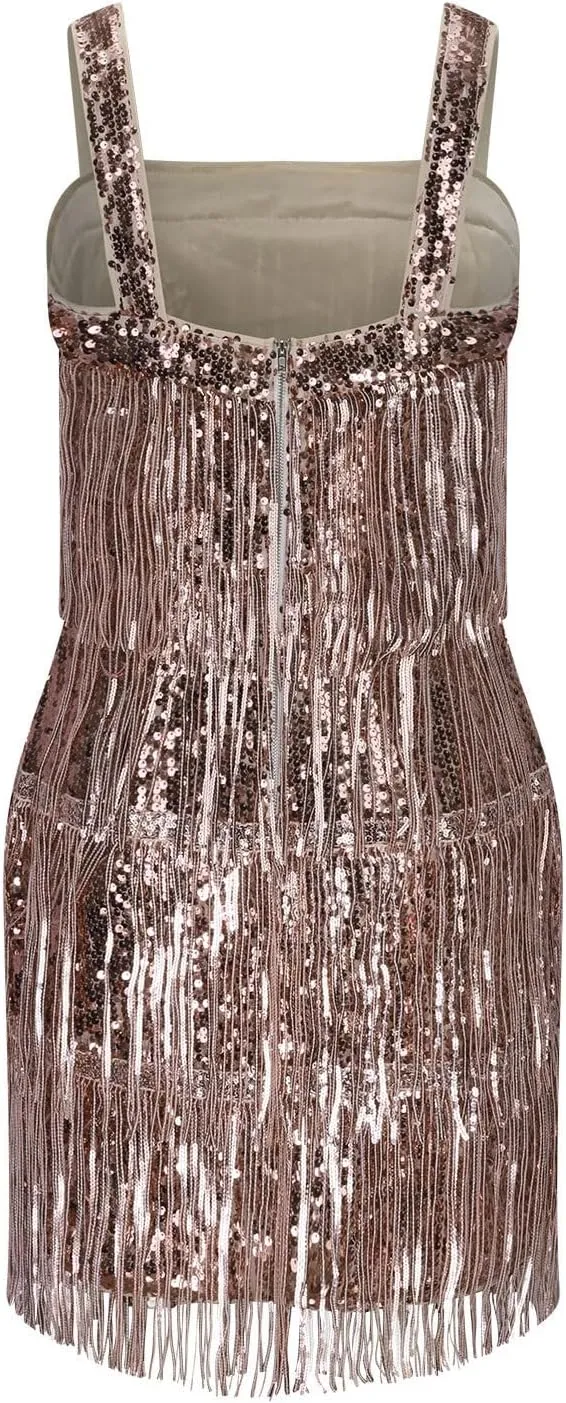 Women's Sparkly Sequin Tassels Fringe Dress V Neck Spaghetti Straps Bodycon Country Concert Outfits Party Clubwear
