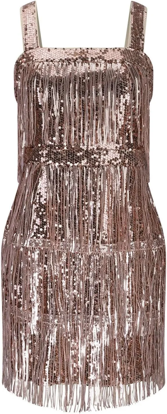Women's Sparkly Sequin Tassels Fringe Dress V Neck Spaghetti Straps Bodycon Country Concert Outfits Party Clubwear